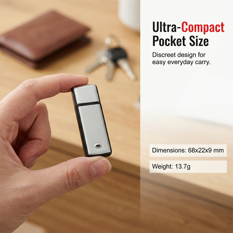 🎙️🔒 Draagbare USB spraakrecorder | Ruisonderdrukking & stemactivering | 13,7 g aluminium | 4-64 GB | WAV, 5 m bereik | 50% KORTING!