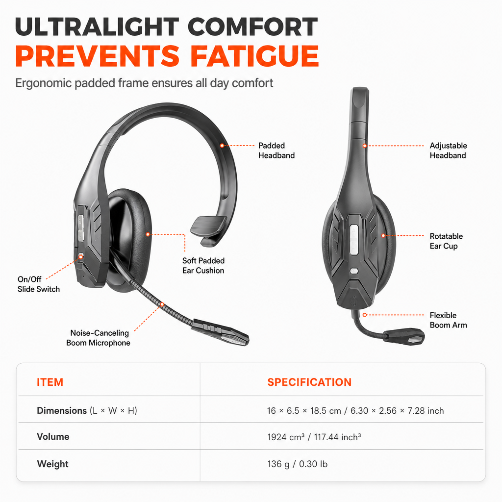 Draadloze Bluetooth-headset voor callcenters met ENC-ruisonderdrukking en automatische koppeling voor klantenservice en vrachtwagenchauffeurs