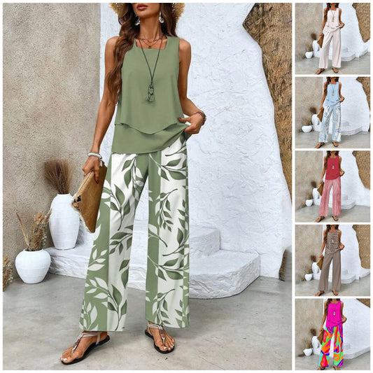 🌸Dames Trendy Print 2-delige Outfits Mouwloze Top & Broek