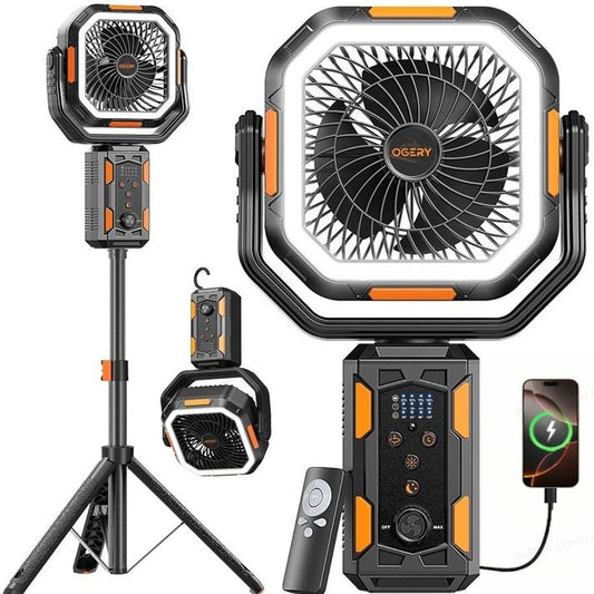 Campingventilator met afneembaar statief, oplaadbare ventilator van 30.000 mAh met ledverlichting en 270° draaibare kop, 4-in-1 draadloze campingventilator