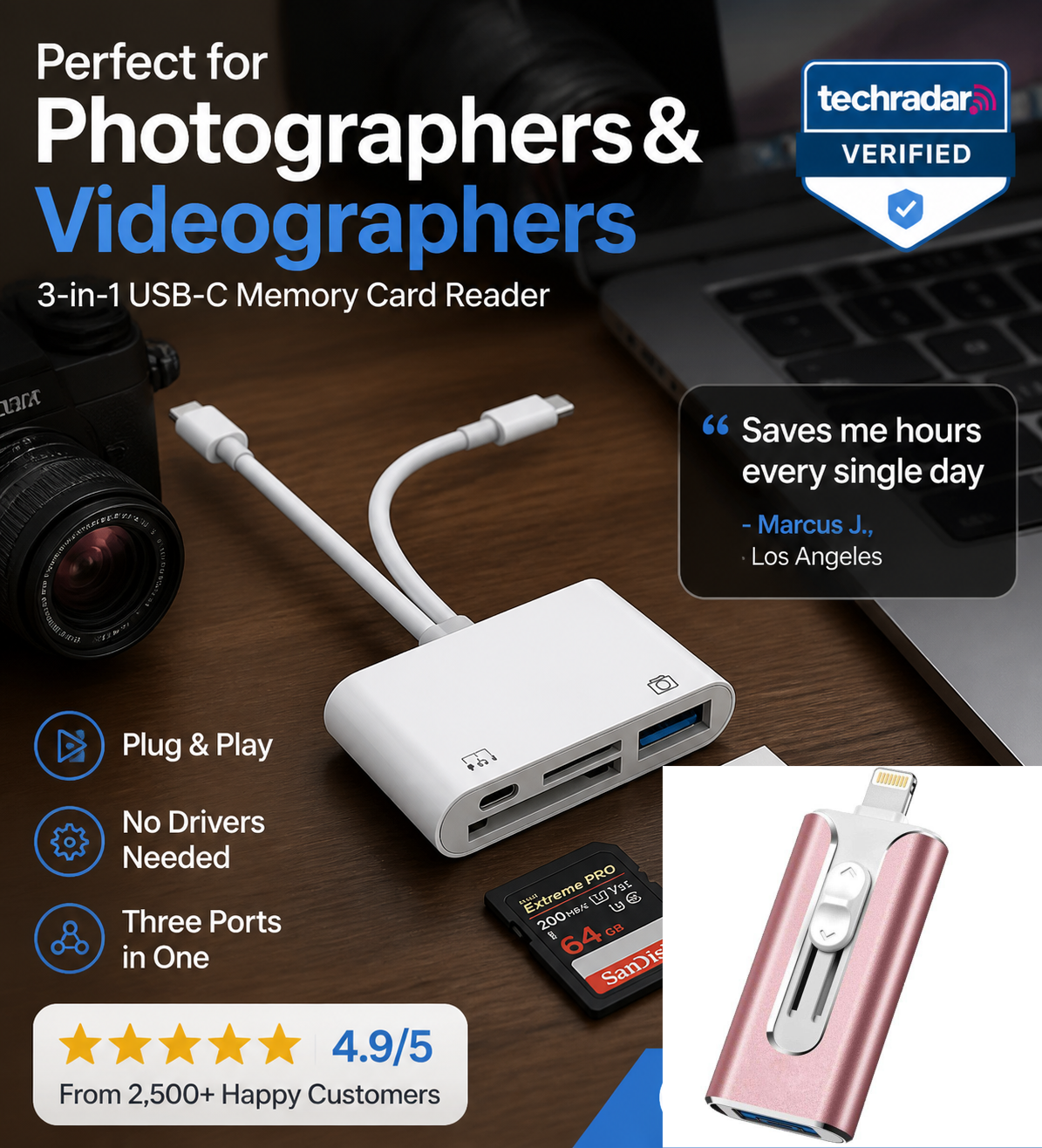 ⏰50% KORTING – LAATSTE KANS⏰ 3-in-1 USB-C Geheugenkaartlezer – SD/TF & USB 3.0, 480 Mbps – Compatibel met iOS 13+, Android, Windows & Linux – Compact & Draagbaar! 🔥