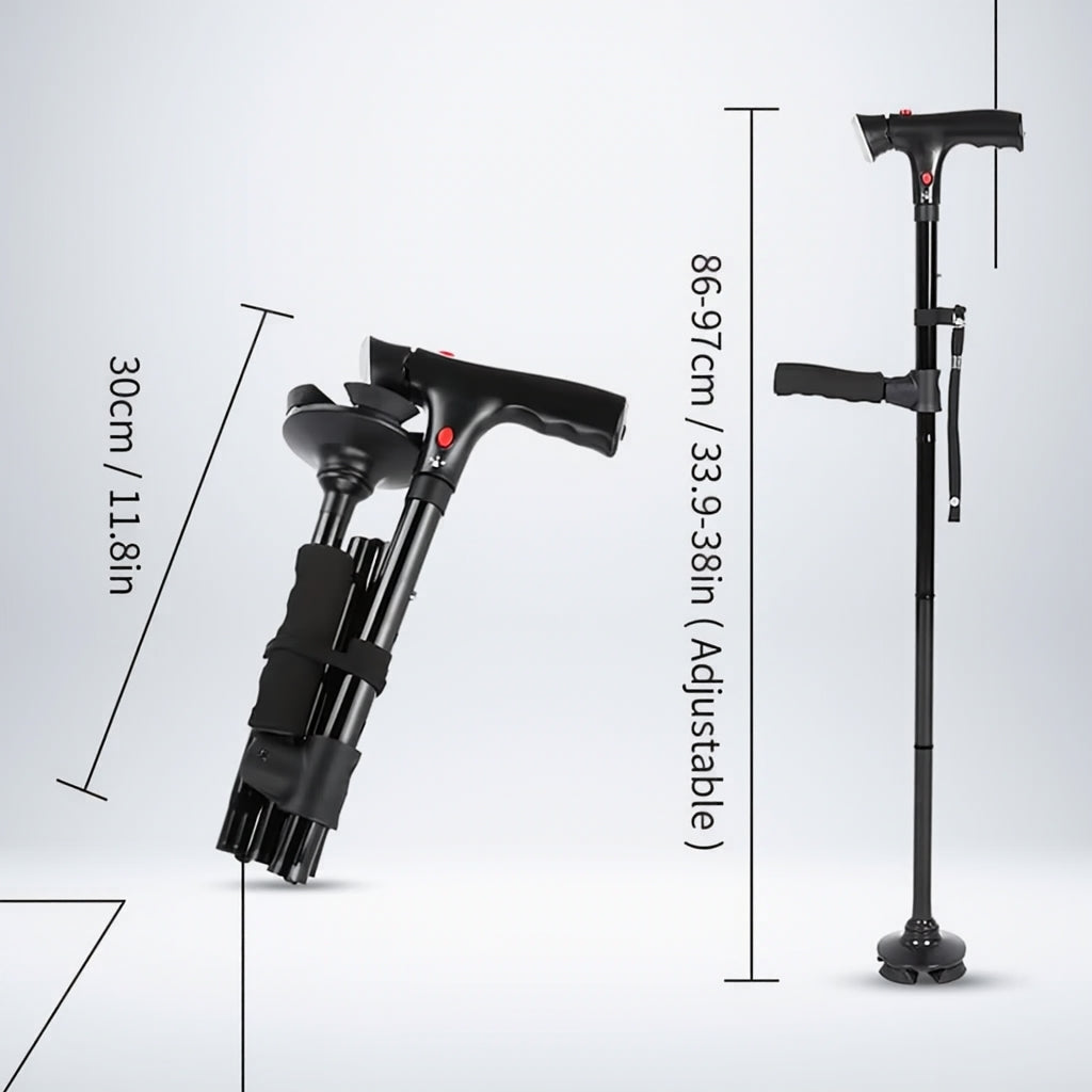 🦯 Multifunctionele opvouwbare wandelstok – met ingebouwd lampje, noodalarm, vierpotige voet en 5-traps hoogteverstelling✨