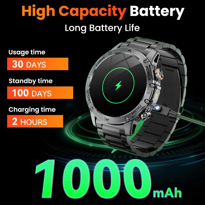 Smartwatch voor heren in militaire stijl met een 1100 mAh-batterij, 1,7 inch AMOLED-scherm, LED-zaklamp, IP68 waterdicht, fitnesshorloge met telefoonfunctie, meer dan 110 sportmodi, hartslag- en slaapmonitoring, compatibel met iOS en Android