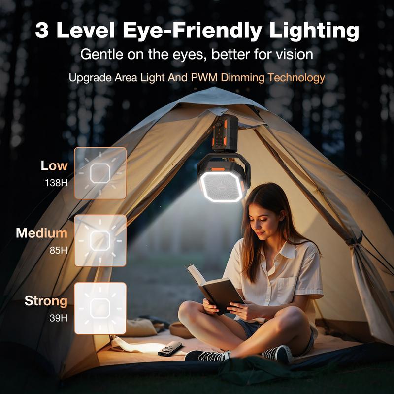 Campingventilator met afneembaar statief, oplaadbare ventilator van 30.000 mAh met ledverlichting en 270° draaibare kop, 4-in-1 draadloze campingventilator