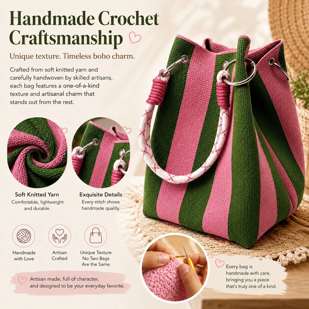 👜✨ LIMITED-TIME 50% KORTING! Stop met het slepen van saaie tassen! Deze handgemaakte boho bucket bag met 8+ kleuren is licht, uniek, en maakt élke zomeroutfit af.