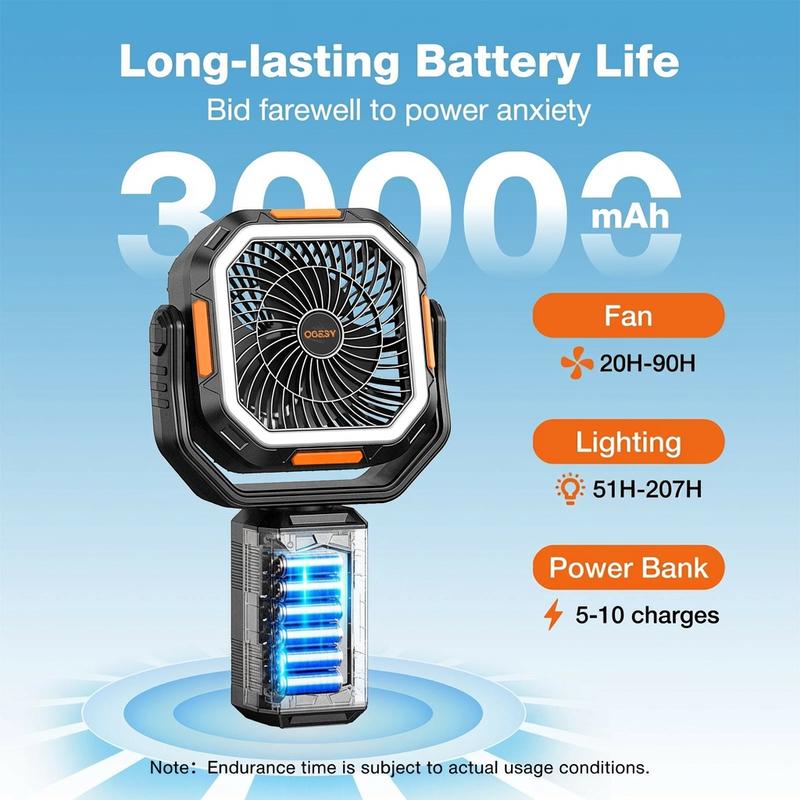 Campingventilator met afneembaar statief, oplaadbare ventilator van 30.000 mAh met ledverlichting en 270° draaibare kop, 4-in-1 draadloze campingventilator