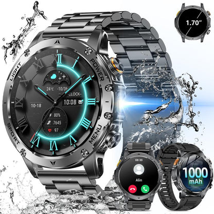 Smartwatch voor heren in militaire stijl met een 1100 mAh-batterij, 1,7 inch AMOLED-scherm, LED-zaklamp, IP68 waterdicht, fitnesshorloge met telefoonfunctie, meer dan 110 sportmodi, hartslag- en slaapmonitoring, compatibel met iOS en Android