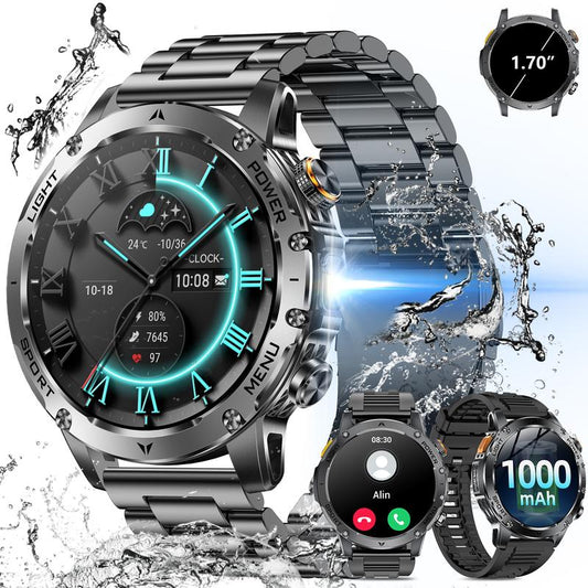 Smartwatch voor heren in militaire stijl met een 1100 mAh-batterij, 1,7 inch AMOLED-scherm, LED-zaklamp, IP68 waterdicht, fitnesshorloge met telefoonfunctie, meer dan 110 sportmodi, hartslag- en slaapmonitoring, compatibel met iOS en Android