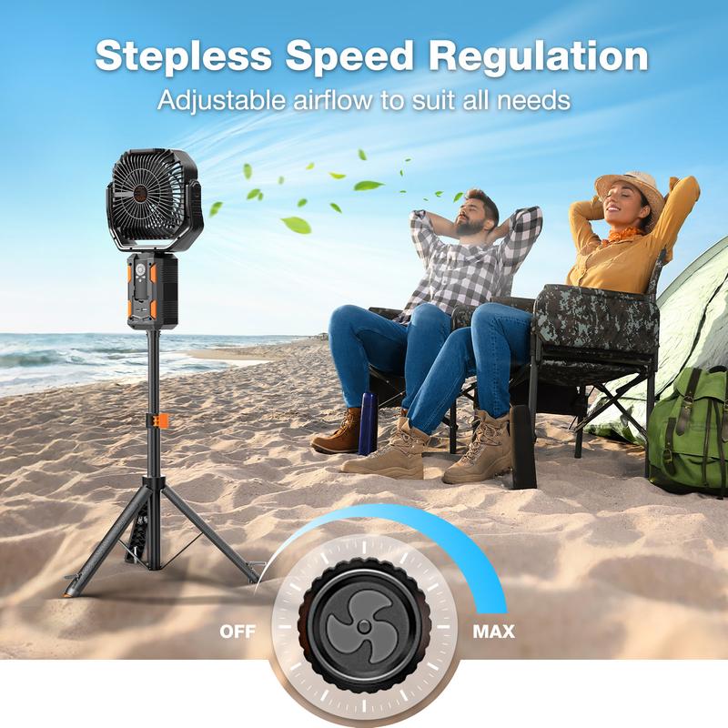 Campingventilator met afneembaar statief, oplaadbare ventilator van 30.000 mAh met ledverlichting en 270° draaibare kop, 4-in-1 draadloze campingventilator