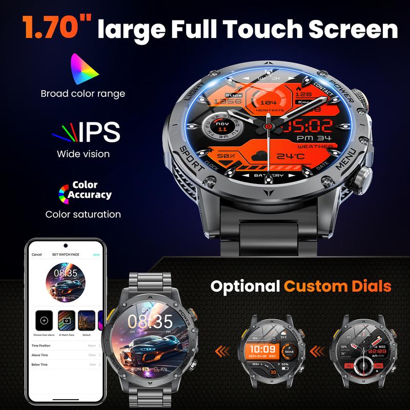 Militaire smartwatch voor heren met een 1000 mAh-batterij, 1,91 inch AMOLED-scherm, LED-zaklamp / 5 ATM waterdicht fitnesshorloge met telefoonfunctie, meer dan 110 sportmodi / hartslag / slaapmonitor / SpO2, iOS/Android