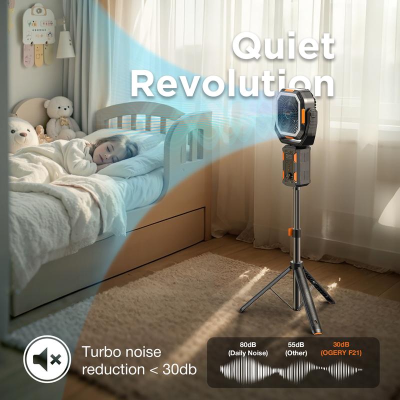 Campingventilator met afneembaar statief, oplaadbare ventilator van 30.000 mAh met ledverlichting en 270° draaibare kop, 4-in-1 draadloze campingventilator