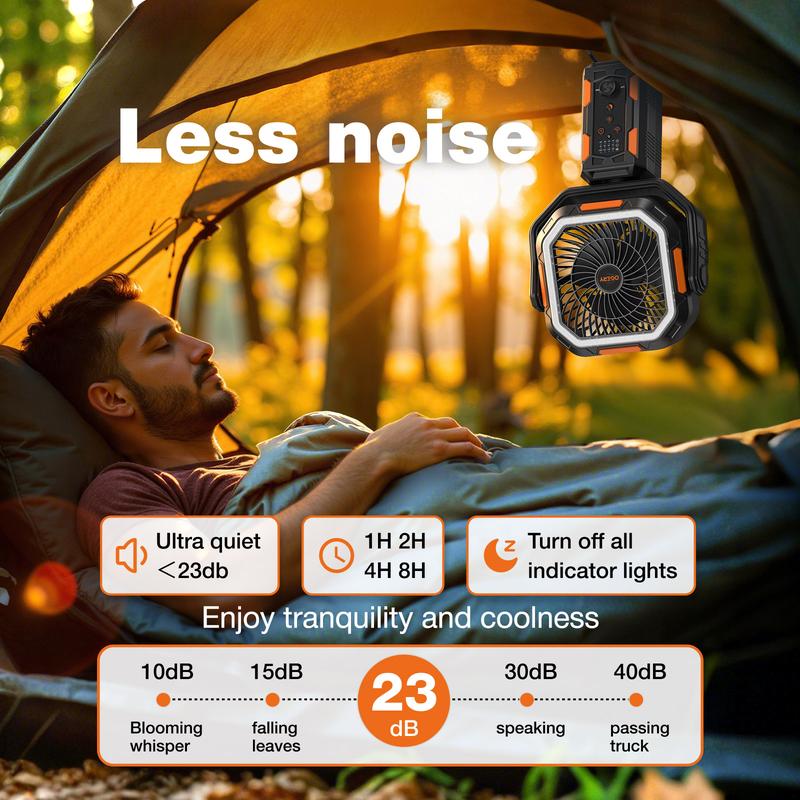 Campingventilator met afneembaar statief, oplaadbare ventilator van 30.000 mAh met ledverlichting en 270° draaibare kop, 4-in-1 draadloze campingventilator