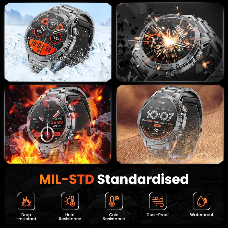 Militaire smartwatch voor heren met een 1000 mAh-batterij, 1,91 inch AMOLED-scherm, LED-zaklamp / 5 ATM waterdicht fitnesshorloge met telefoonfunctie, meer dan 110 sportmodi / hartslag / slaapmonitor / SpO2, iOS/Android