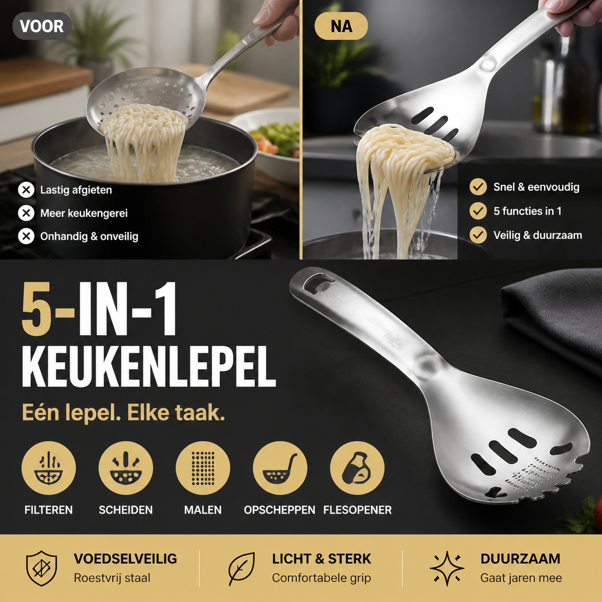 🍲🥄 5-in-1 keukenlepel | Scheppen, zeven, scheiden, malen & openen | 304 RVS | 23,5 cm | Vaatwasmachinebestendig | 50% KORTING!