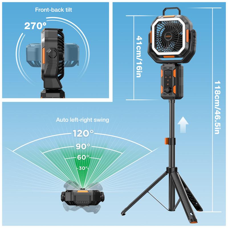 Campingventilator met afneembaar statief, oplaadbare ventilator van 30.000 mAh met ledverlichting en 270° draaibare kop, 4-in-1 draadloze campingventilator