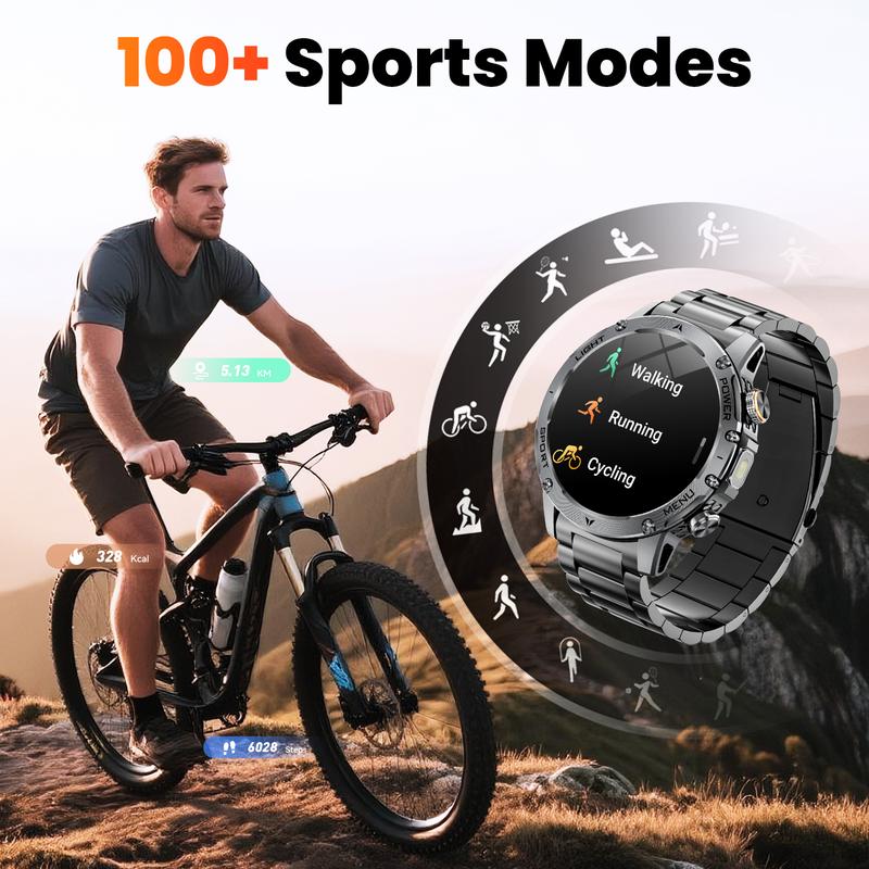 Militaire smartwatch voor heren met een 1000 mAh-batterij, 1,91 inch AMOLED-scherm, LED-zaklamp / 5 ATM waterdicht fitnesshorloge met telefoonfunctie, meer dan 110 sportmodi / hartslag / slaapmonitor / SpO2, iOS/Android