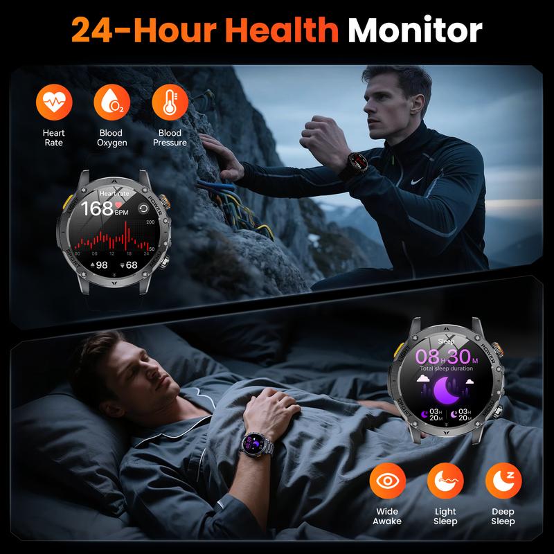 Militaire smartwatch voor heren met een 1000 mAh-batterij, 1,91 inch AMOLED-scherm, LED-zaklamp / 5 ATM waterdicht fitnesshorloge met telefoonfunctie, meer dan 110 sportmodi / hartslag / slaapmonitor / SpO2, iOS/Android