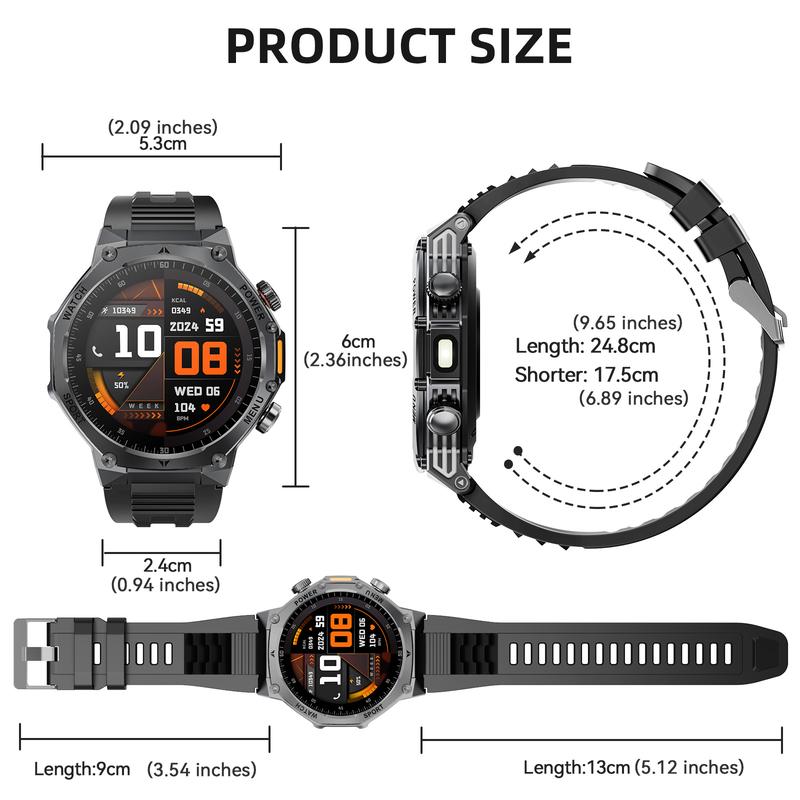 Militaire smartwatch voor heren met een 1000 mAh-batterij, 1,91 inch AMOLED-scherm, LED-zaklamp / 5 ATM waterdicht fitnesshorloge met telefoonfunctie, meer dan 110 sportmodi / hartslag / slaapmonitor / SpO2, iOS/Android