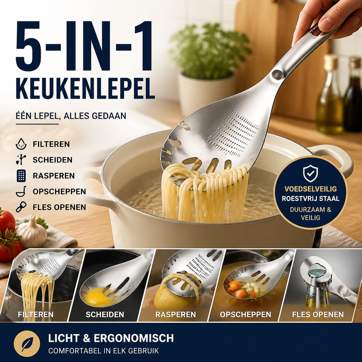 🍲🥄 5-in-1 keukenlepel | Scheppen, zeven, scheiden, malen & openen | 304 RVS | 23,5 cm | Vaatwasmachinebestendig | 50% KORTING!