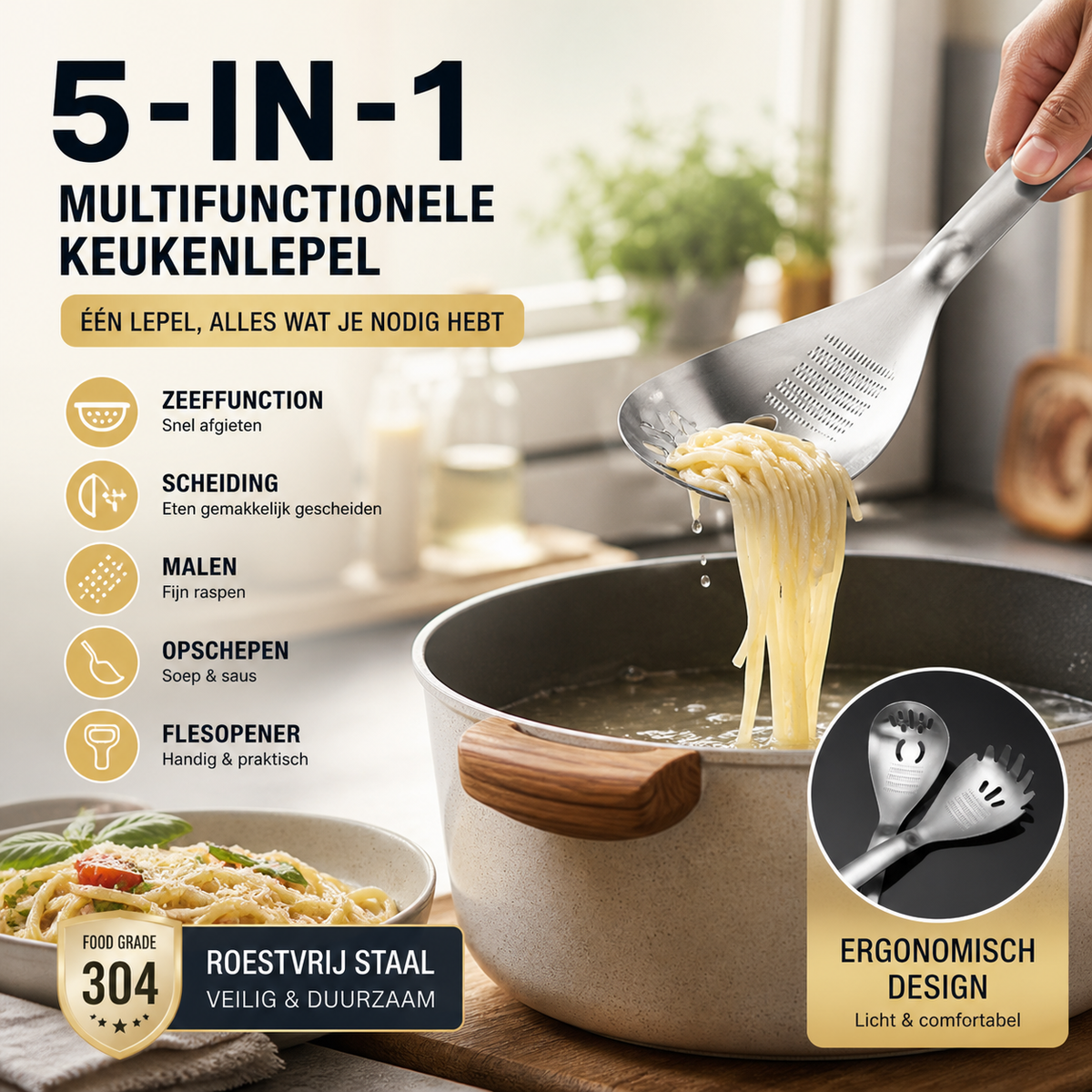 🍲🥄 5-in-1 keukenlepel | Scheppen, zeven, scheiden, malen & openen | 304 RVS | 23,5 cm | Vaatwasmachinebestendig | 50% KORTING!