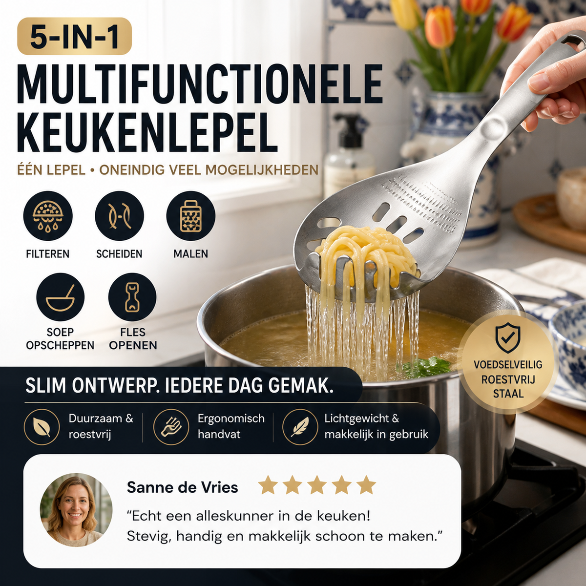🍲🥄 5-in-1 keukenlepel | Scheppen, zeven, scheiden, malen & openen | 304 RVS | 23,5 cm | Vaatwasmachinebestendig | 50% KORTING!
