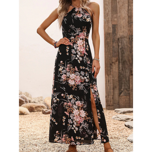 Halterjurk met split en bloemenprint
