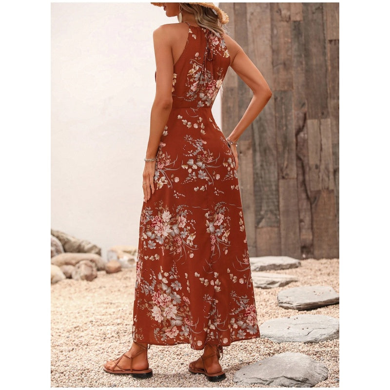 Halterjurk met split en bloemenprint