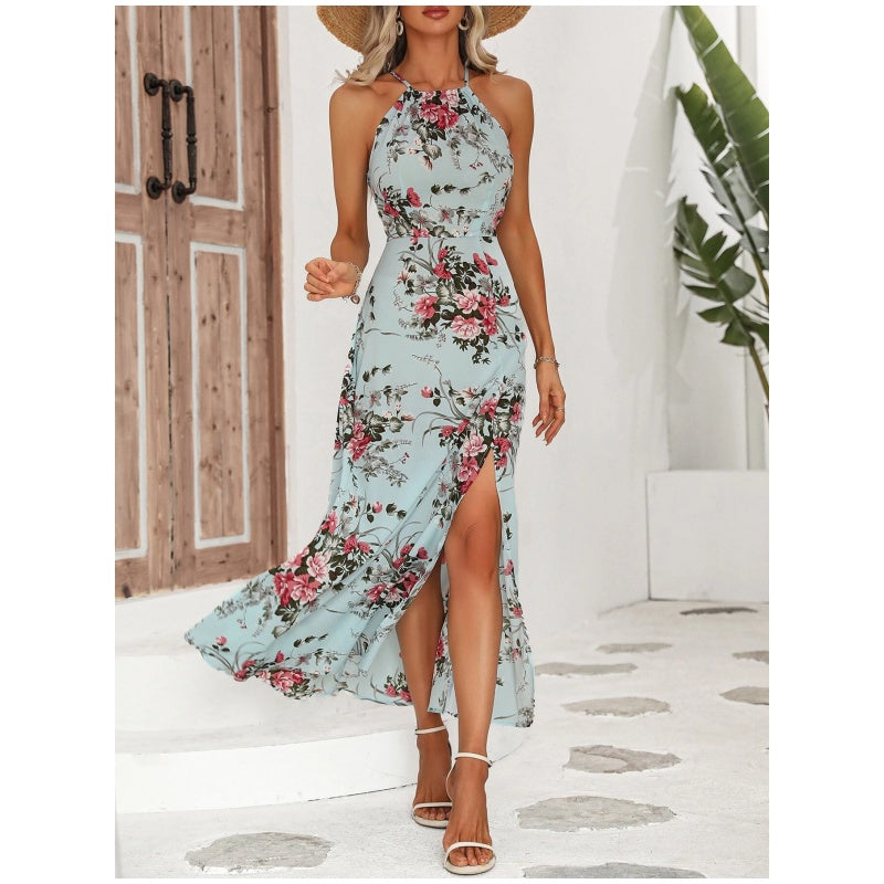 Halterjurk met split en bloemenprint
