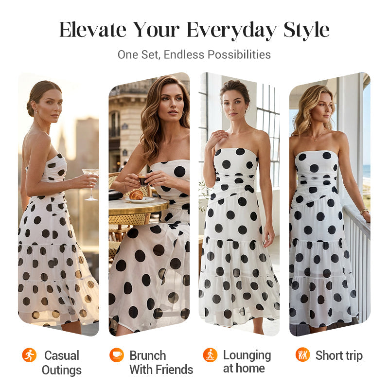 Elegante Strapless Jurk Met Stippen & Gelaagde Rok – Speels & Vrouwelijk