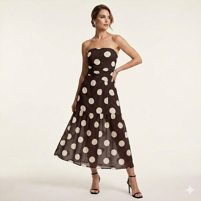 Elegante Strapless Jurk Met Stippen & Gelaagde Rok – Speels & Vrouwelijk
