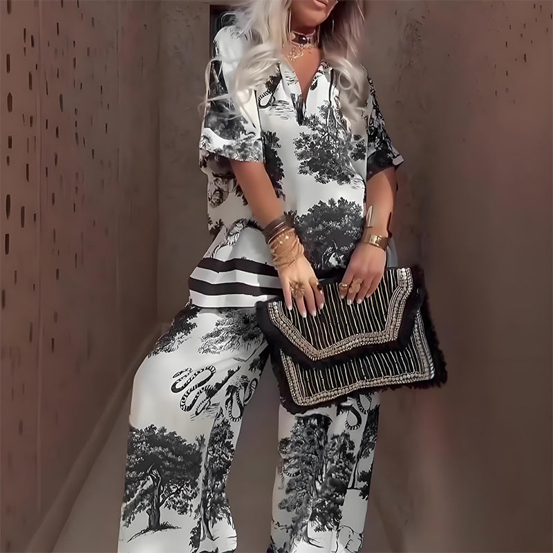 Damesset met print: V-hals top en lange broek