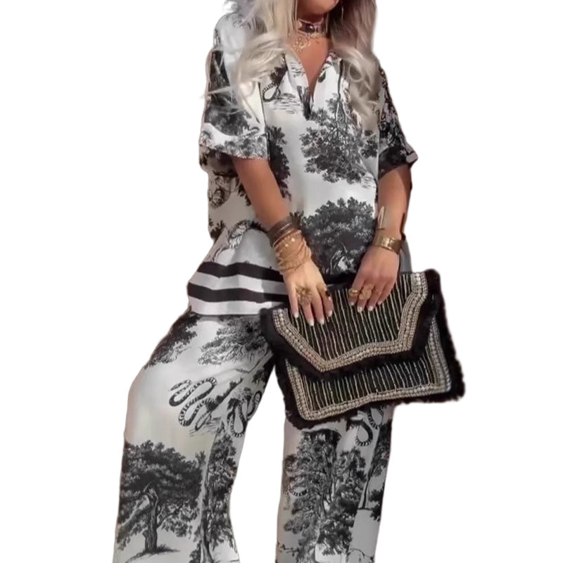 Damesset met print: V-hals top en lange broek
