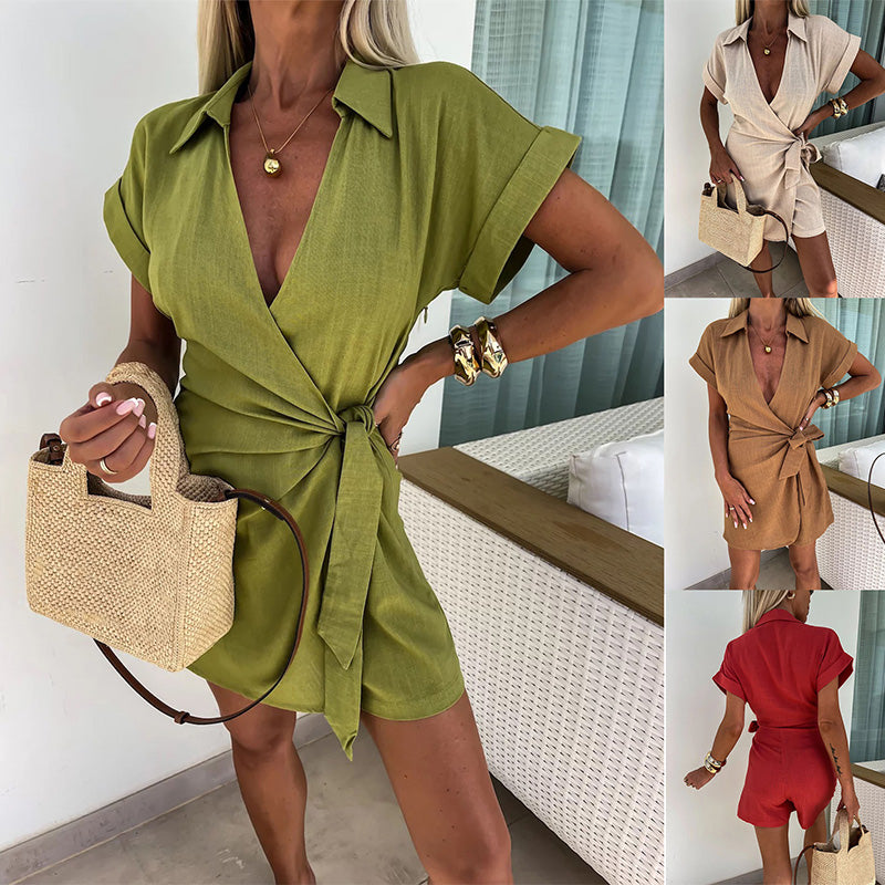 ✨Nieuw Binnenkomend Katoen-Linnen Romper👗 V-hals Met strikceintuur Slank & Elegant