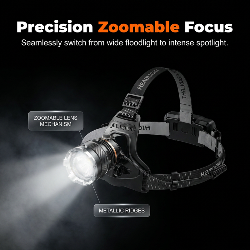 Oplaadbare hoofdlamp met zoomfunctie en bewegingssensor