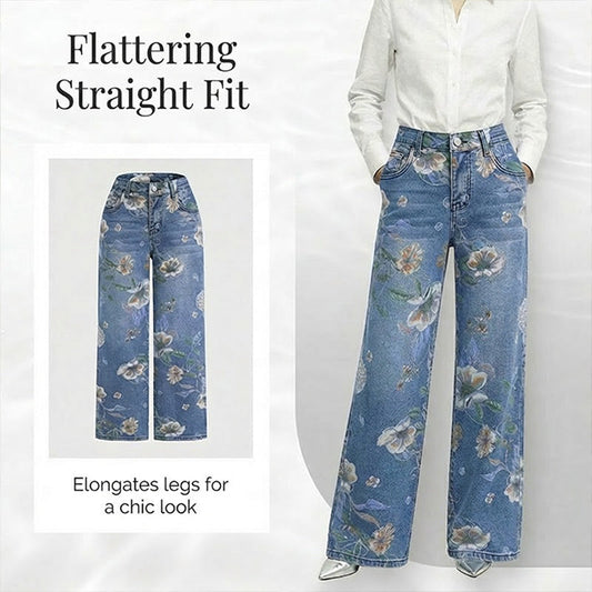 Dames Jeans met Bloemenprint en Rechte Pijp
