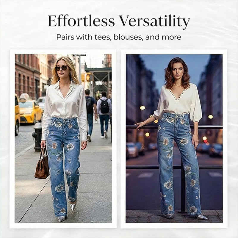 Dames Jeans met Bloemenprint en Rechte Pijp