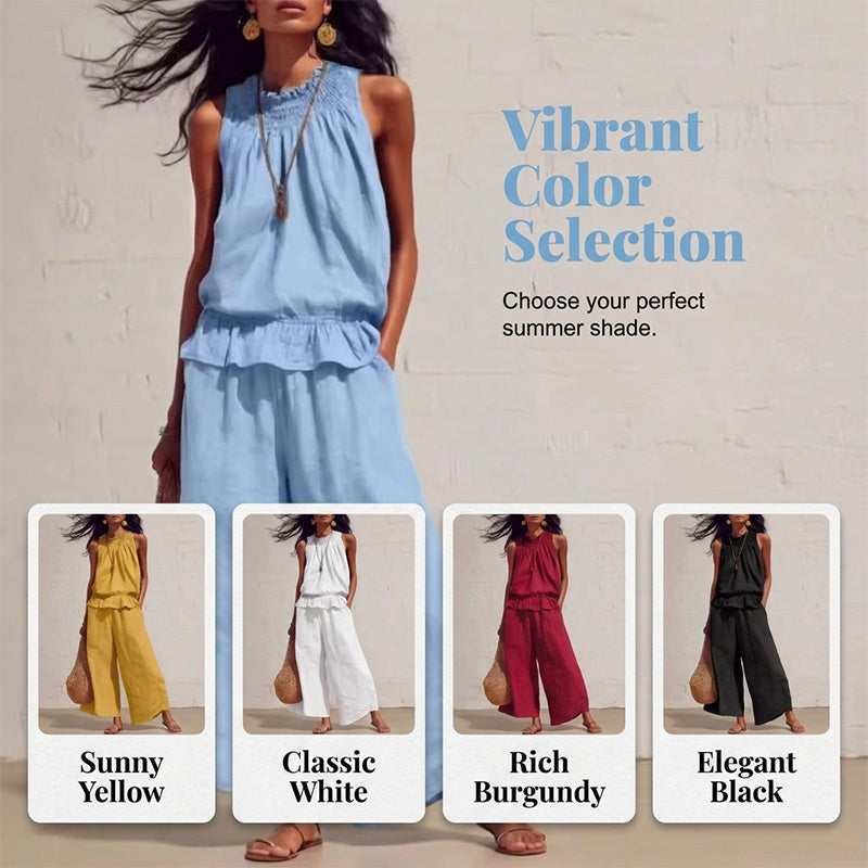 👗 TIJDELIJKE AANBIEDING: 50% KORTING! ✨ Vrouwen gerimpeld tweedelig setje – Smokken hals, relaxte pasvorm, vakantiestijl 🌺