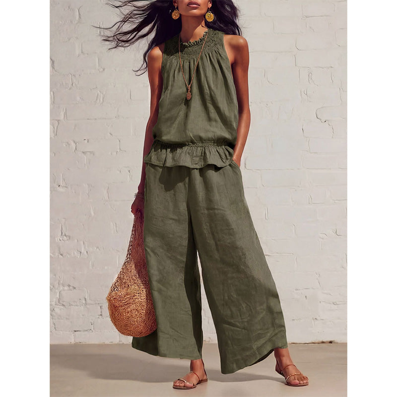 👗 TIJDELIJKE AANBIEDING: 50% KORTING! ✨ Vrouwen gerimpeld tweedelig setje – Smokken hals, relaxte pasvorm, vakantiestijl 🌺