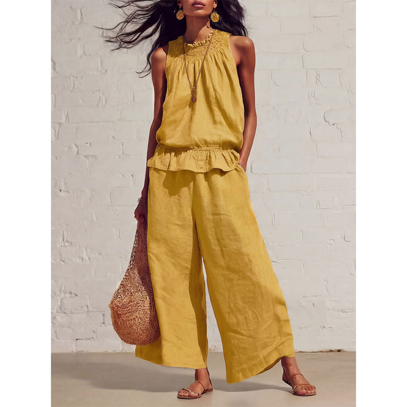 👗 TIJDELIJKE AANBIEDING: 50% KORTING! ✨ Vrouwen gerimpeld tweedelig setje – Smokken hals, relaxte pasvorm, vakantiestijl 🌺