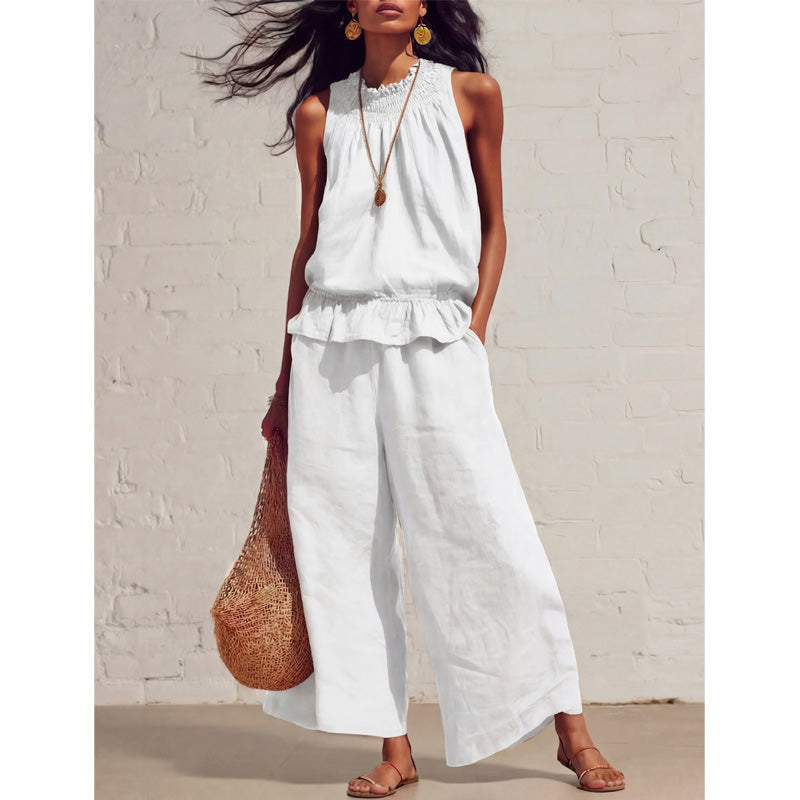 👗 TIJDELIJKE AANBIEDING: 50% KORTING! ✨ Vrouwen gerimpeld tweedelig setje – Smokken hals, relaxte pasvorm, vakantiestijl 🌺