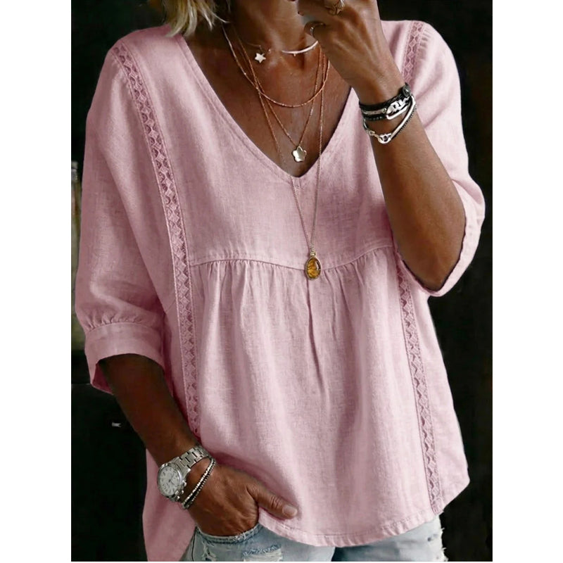 🌸 Casual damestop met V-hals en kanten rand