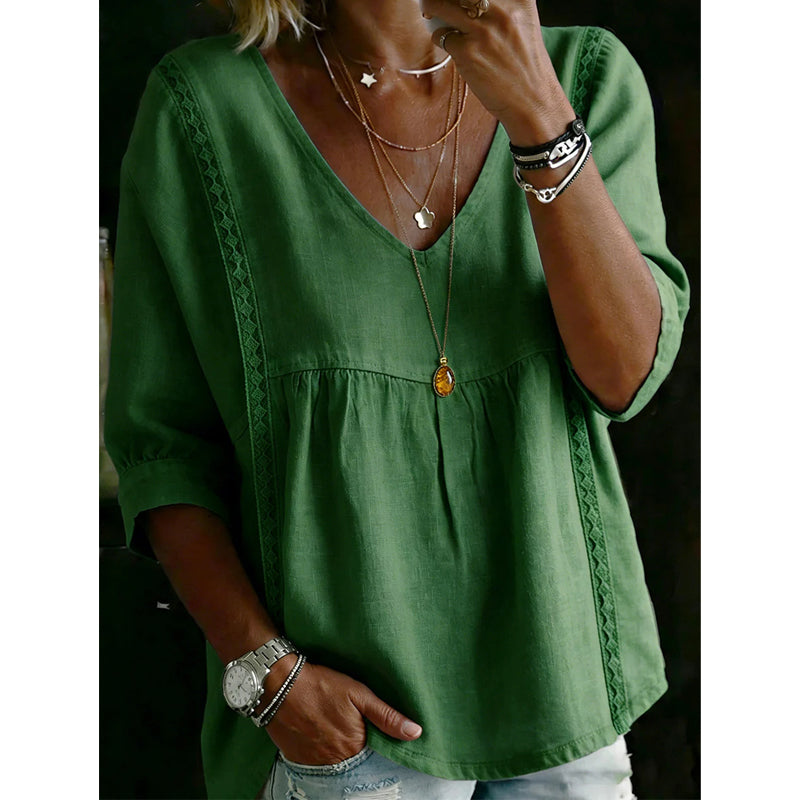 🌸 Casual damestop met V-hals en kanten rand