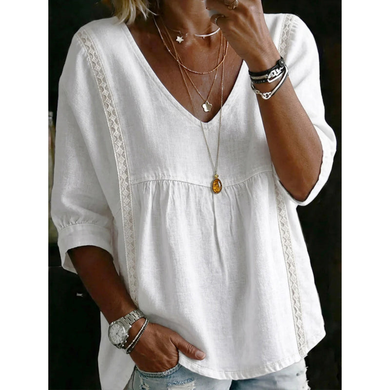 🌸 Casual damestop met V-hals en kanten rand