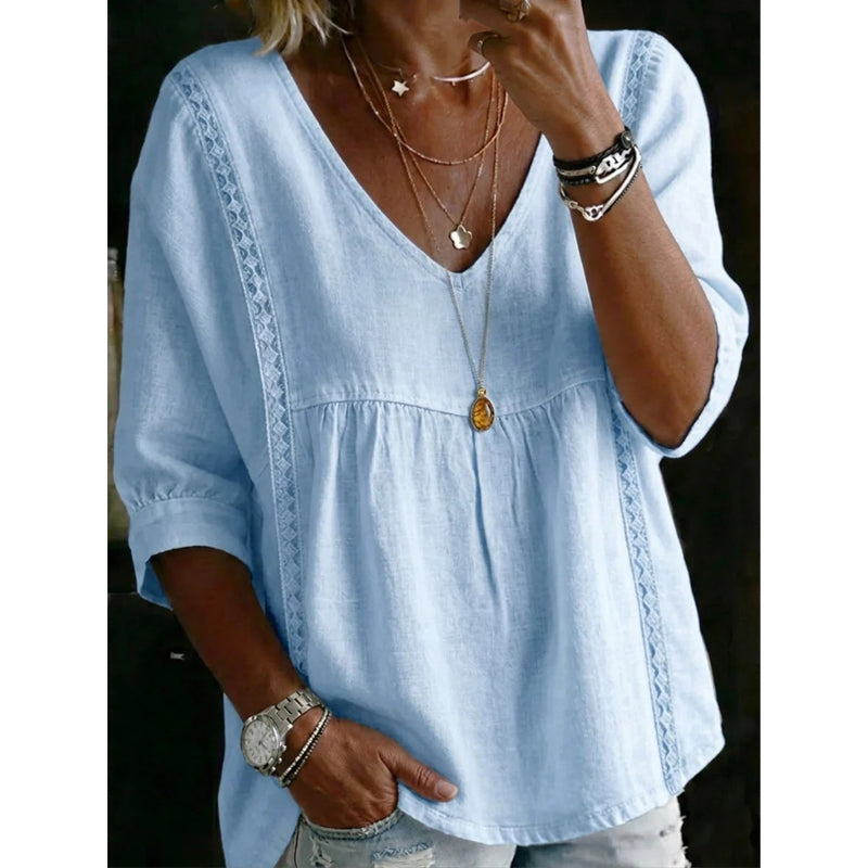🌸 Casual damestop met V-hals en kanten rand