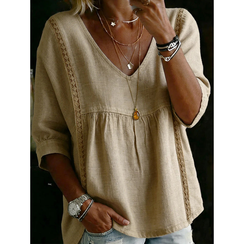 🌸 Casual damestop met V-hals en kanten rand