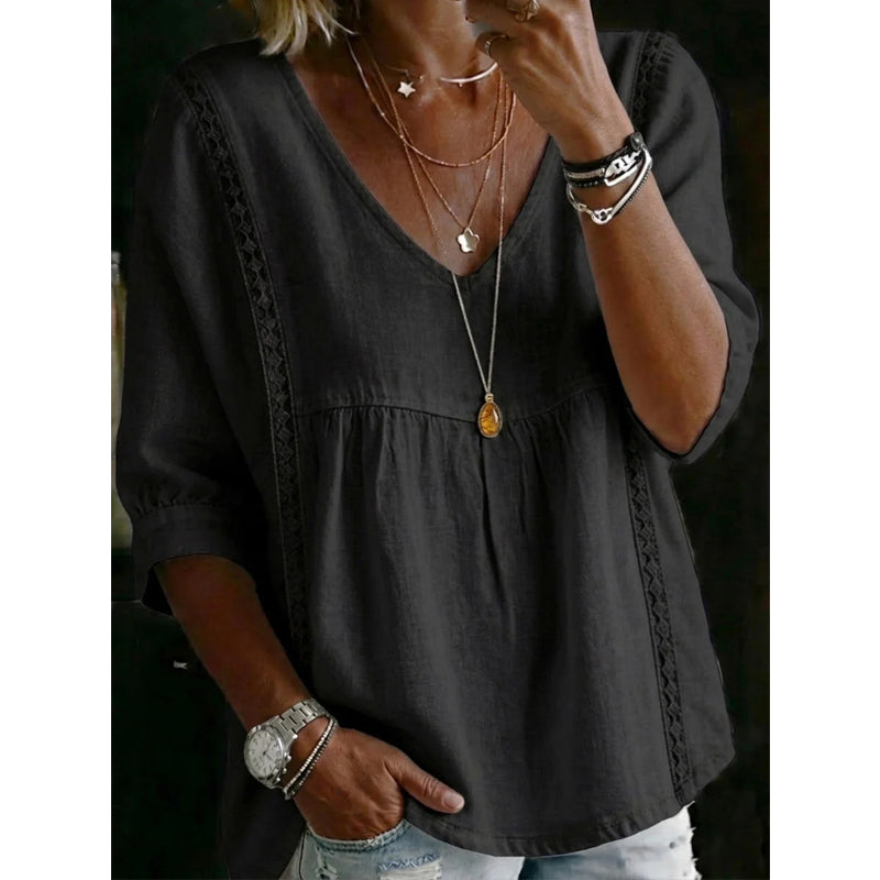 🌸 Casual damestop met V-hals en kanten rand