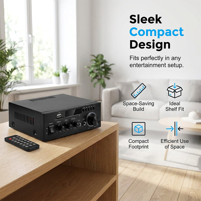 🔊 Digitale stereoversterker met Bluetooth en USB – 2-kanaals, compact en krachtig, ideaal voor thuisbioscoop, muziek en karaoke 🎵