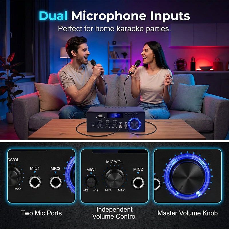 🔊 Digitale stereoversterker met Bluetooth en USB – 2-kanaals, compact en krachtig, ideaal voor thuisbioscoop, muziek en karaoke 🎵