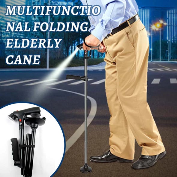 🦯 Multifunctionele opvouwbare wandelstok – met ingebouwd lampje, noodalarm, vierpotige voet en 5-traps hoogteverstelling✨