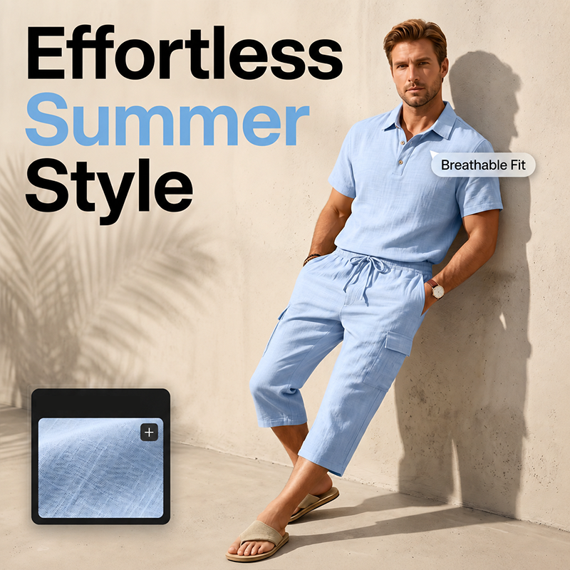 👕☀️Zomerse linnen set voor heren – Losvallend overhemd & cargoshorts, tweedelige outfit